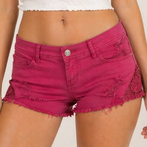 Hollister Pants - Hollister Magenta Distressed Denim Shorts with Lace Insets